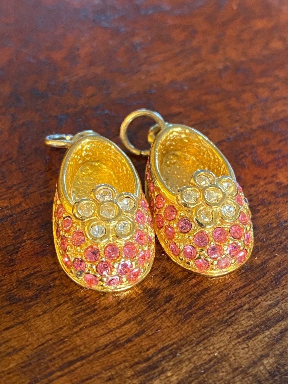 Pair Firenza Pink & Clear Rhinestone Baby Shoe Charm Pendants Gold-Tone Setting